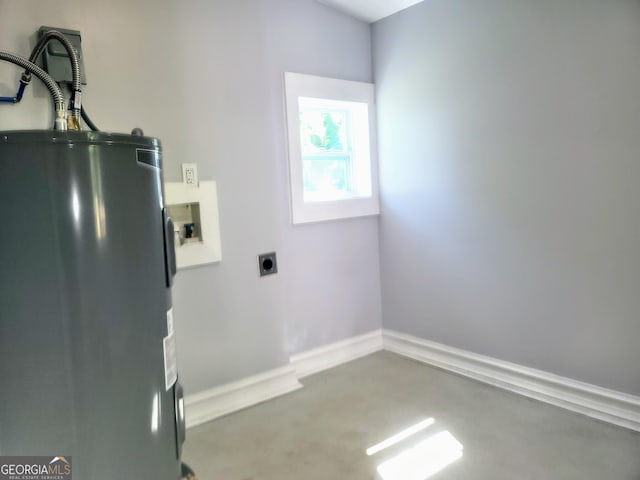 laundry room featuring water heater, hookup for a washing machine, and hookup for an electric dryer