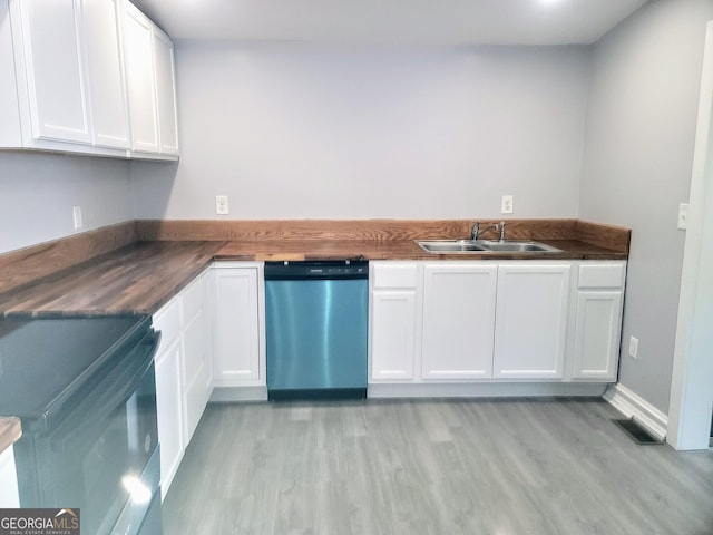 kitchen with white cabinetry, dishwasher, light hardwood / wood-style flooring, and sink