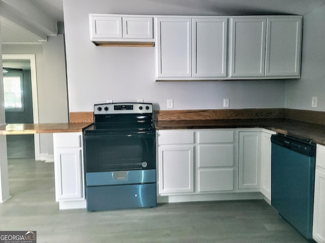 kitchen featuring white cabinets, stainless steel dishwasher, and electric range oven