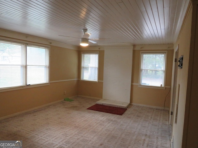 spare room with ceiling fan and wooden ceiling