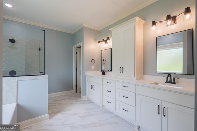 5704 Payton Pl, Lake Park, GA 31636 - bathroom with marble finish floor, a sink, ornamental molding, and a tile shower