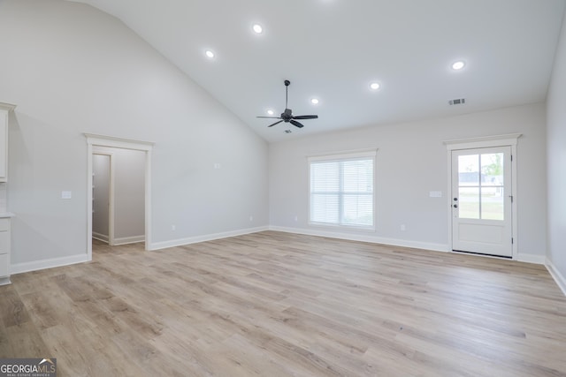 5704 Payton Pl, Lake Park, GA 31636 - unfurnished living room with high vaulted ceiling, ceiling fan, visible vents, and light wood-type flooring