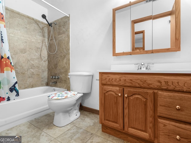 full bathroom featuring tile patterned floors, shower / tub combo with curtain, vanity, and toilet