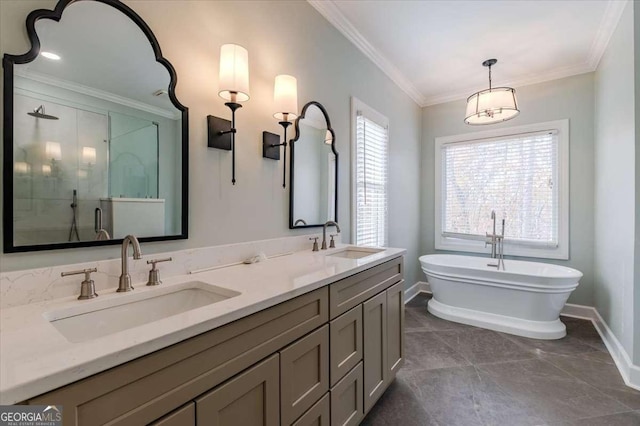 bathroom with vanity, shower with separate bathtub, and crown molding