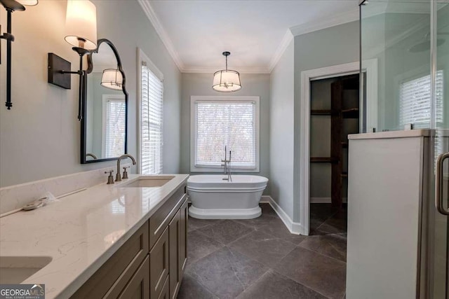 bathroom featuring vanity, separate shower and tub, plenty of natural light, and ornamental molding