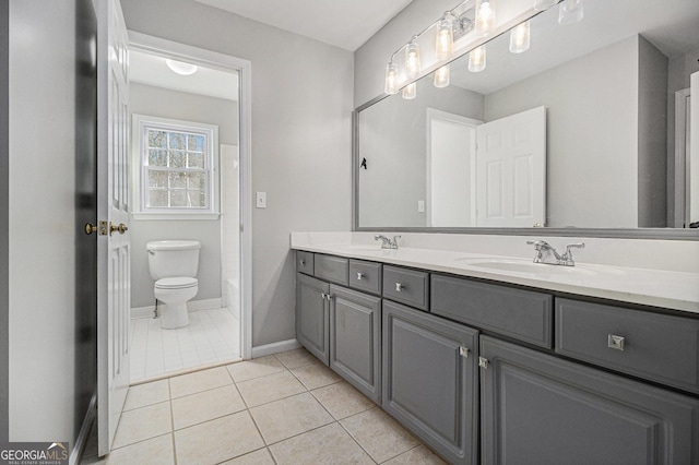 full bathroom with tile patterned flooring, vanity, toilet, and shower / bathtub combination