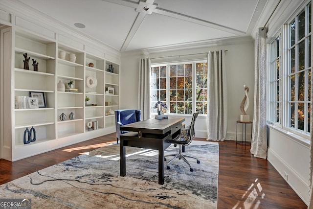 office area with dark hardwood / wood-style flooring, crown molding, and vaulted ceiling