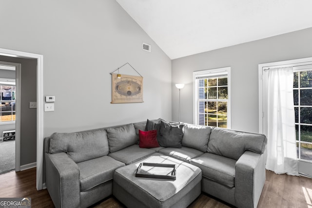 living room featuring high vaulted ceiling and dark hardwood / wood-style floors