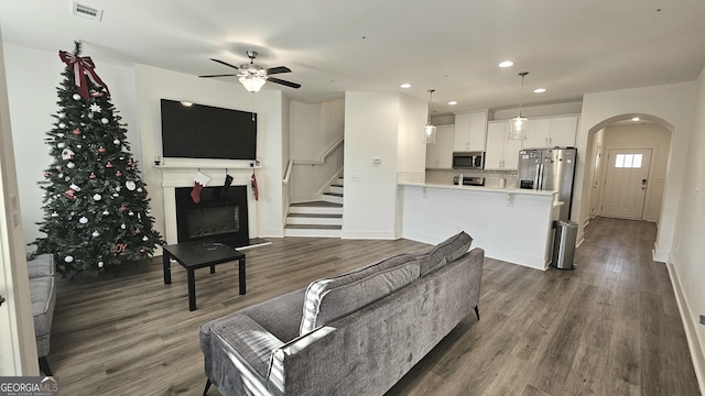 living room featuring ceiling fan and dark hardwood / wood-style flooring