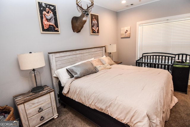 bedroom featuring carpet floors, recessed lighting, visible vents, and crown molding