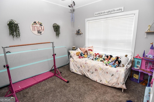 carpeted bedroom with crown molding