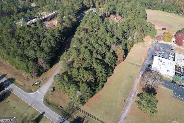 bird's eye view with a wooded view