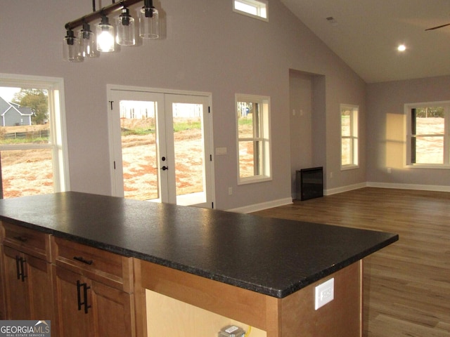 kitchen featuring french doors, dark hardwood / wood-style flooring, vaulted ceiling, and a healthy amount of sunlight