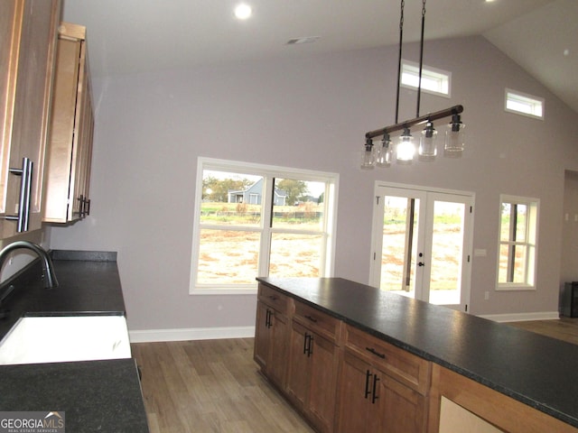 kitchen with french doors, sink, wood-type flooring, hanging light fixtures, and lofted ceiling