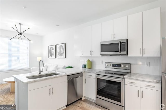 kitchen featuring kitchen peninsula, appliances with stainless steel finishes, white cabinetry, and sink