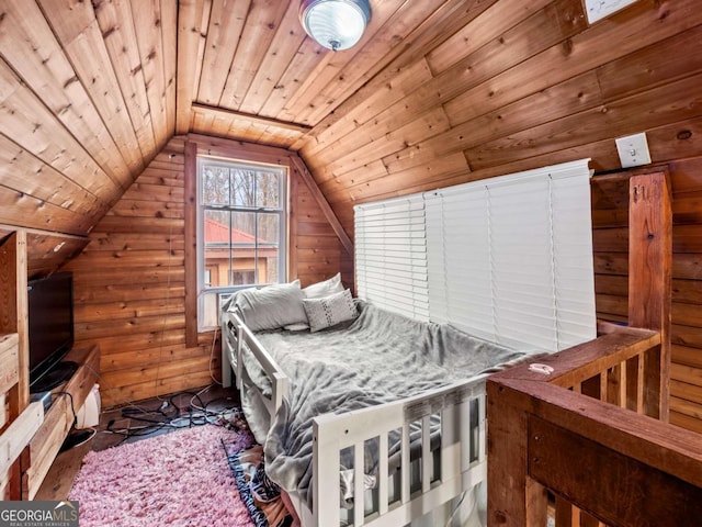 bedroom featuring wood ceiling, lofted ceiling, and wood walls