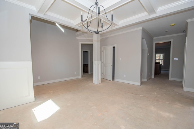 interior space with coffered ceiling, a chandelier, beamed ceiling, and ornamental molding