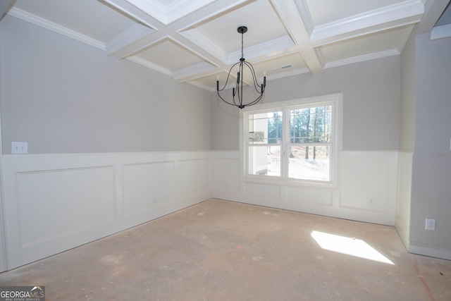 unfurnished dining area with a chandelier, coffered ceiling, beamed ceiling, and ornamental molding