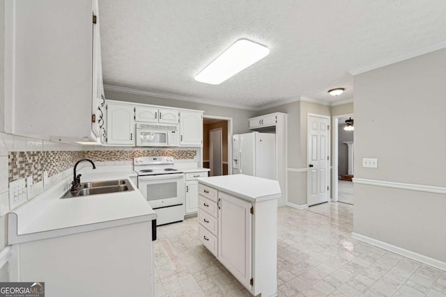 kitchen featuring a center island, white appliances, sink, ornamental molding, and tasteful backsplash