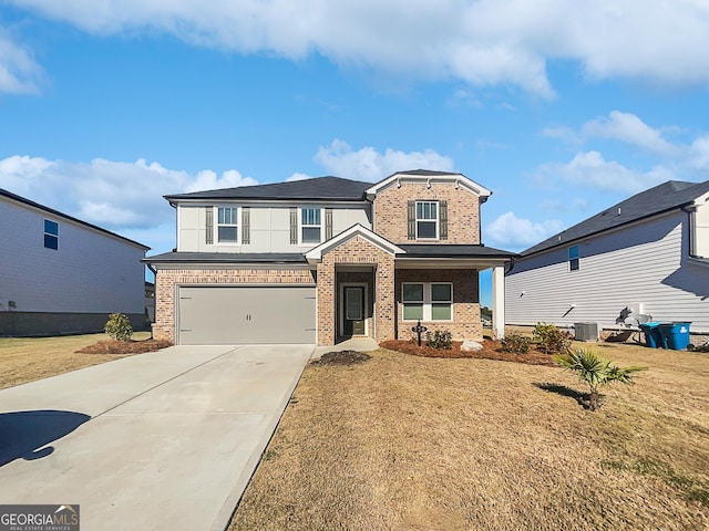 front facade with central AC, a front lawn, and a garage