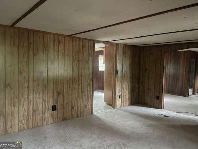 carpeted empty room featuring wooden walls