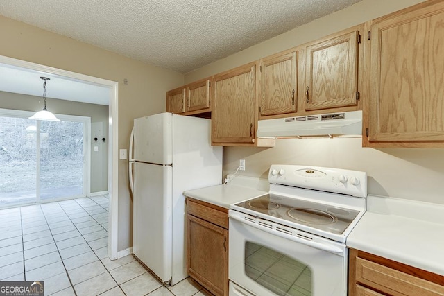 kitchen with light brown cabinetry, white appliances, a textured ceiling, pendant lighting, and light tile patterned floors