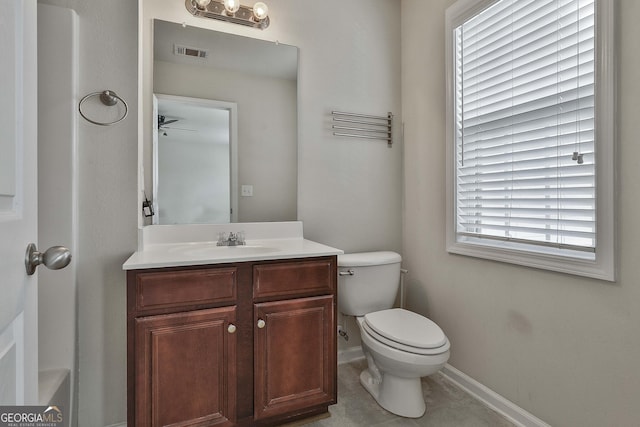 bathroom with tile patterned floors, vanity, ceiling fan, and toilet