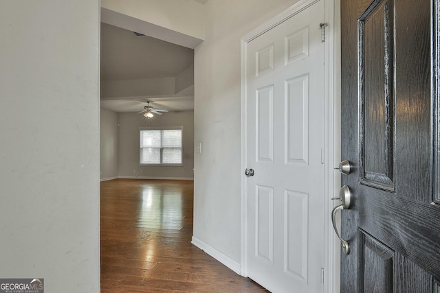 foyer entrance with ceiling fan and dark wood-type flooring