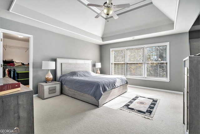 bedroom with a closet, a spacious closet, a raised ceiling, and carpet