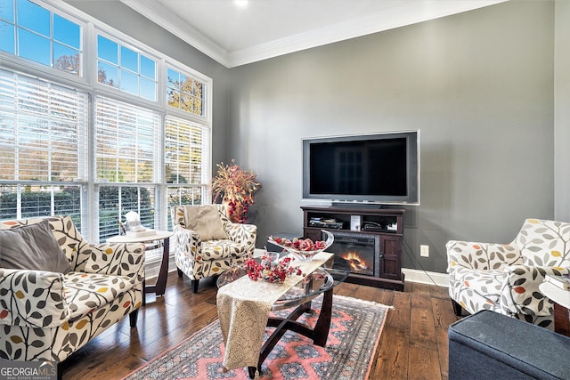 living room with ornamental molding and dark hardwood / wood-style floors