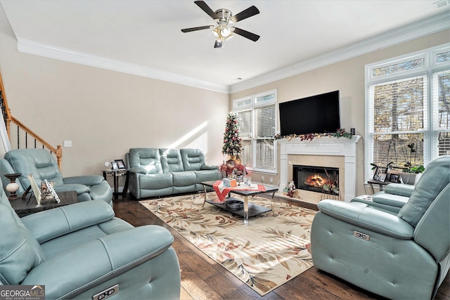 living room featuring ornamental molding, dark hardwood / wood-style flooring, and a wealth of natural light