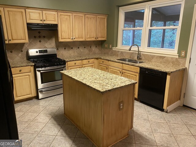 kitchen with dishwasher, sink, stainless steel gas stove, tasteful backsplash, and a kitchen island