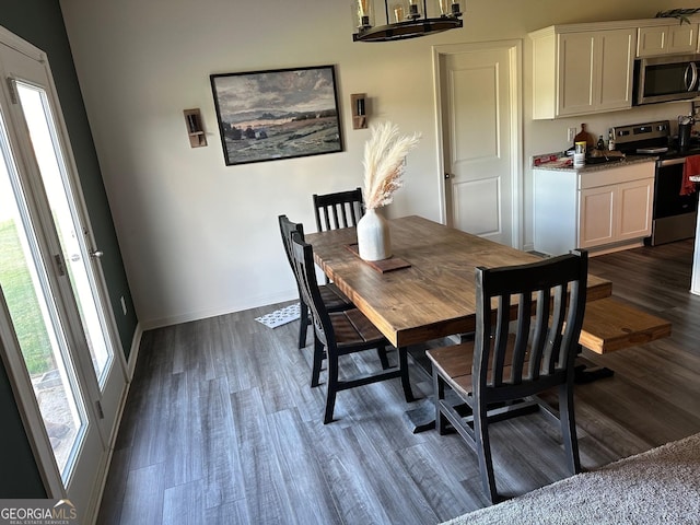 dining space with a wealth of natural light and dark hardwood / wood-style floors