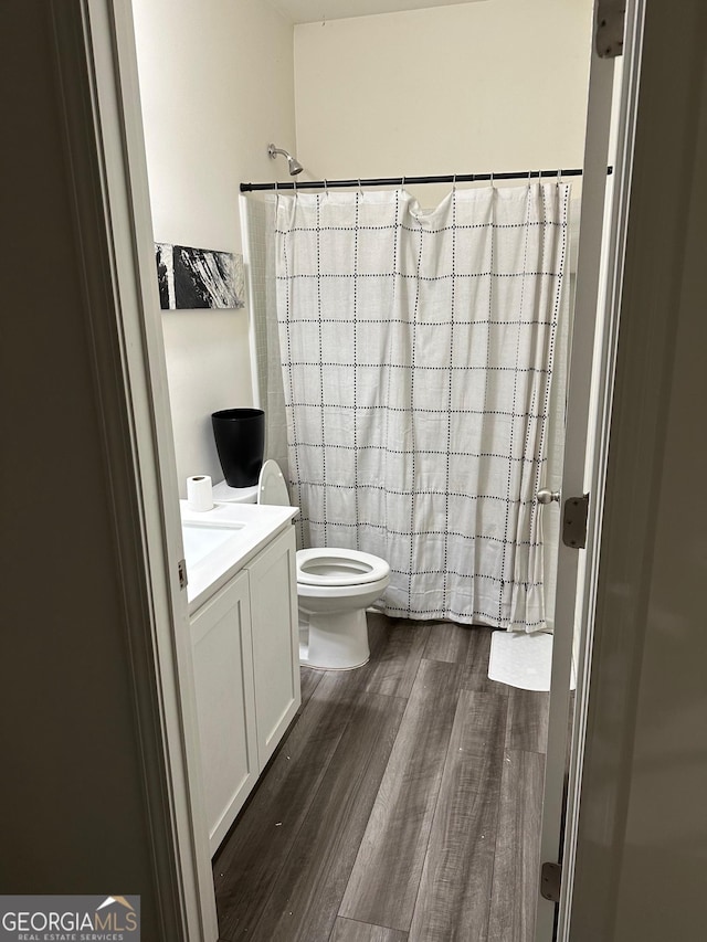 bathroom with walk in shower, vanity, wood-type flooring, and toilet