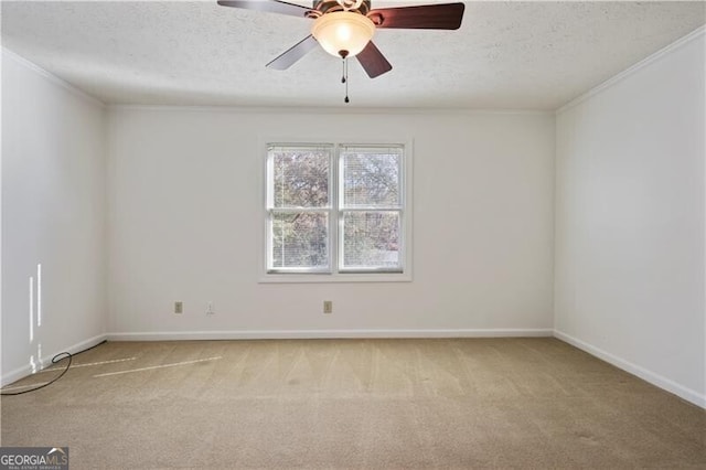 carpeted spare room featuring crown molding, ceiling fan, and a textured ceiling