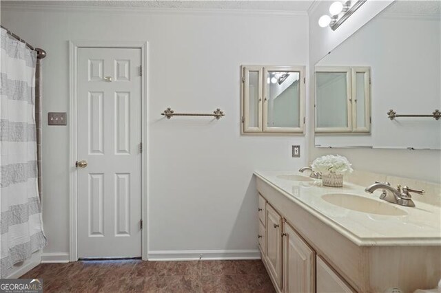 bathroom featuring crown molding, tile patterned floors, vanity, and walk in shower