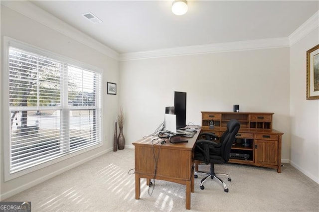 carpeted home office with ornamental molding