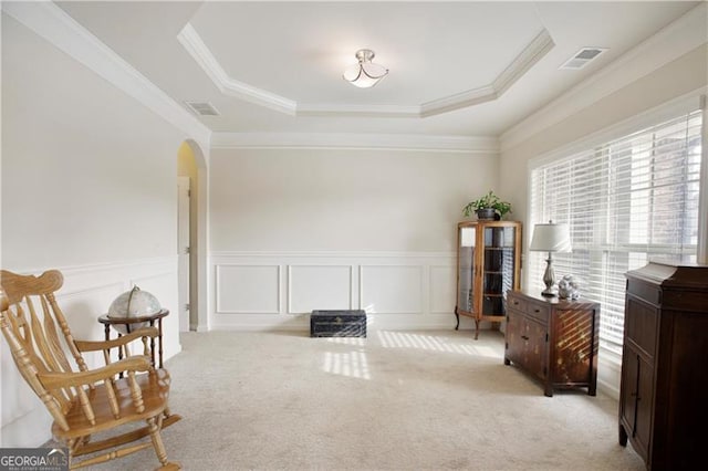 living area featuring a raised ceiling, light colored carpet, and ornamental molding