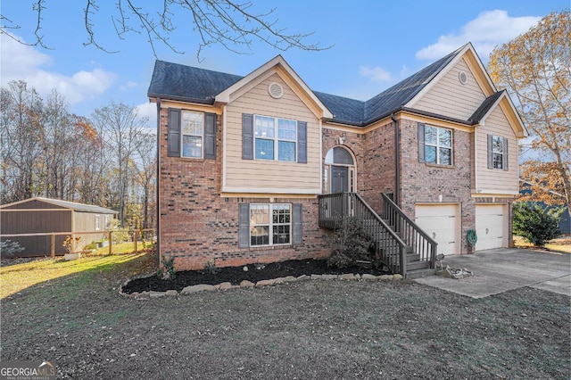 view of front of home with a garage, brick siding, and driveway