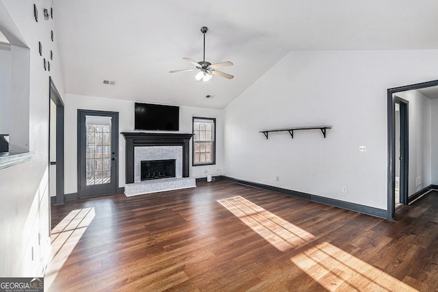 unfurnished living room featuring ceiling fan, a fireplace, high vaulted ceiling, and dark wood-type flooring