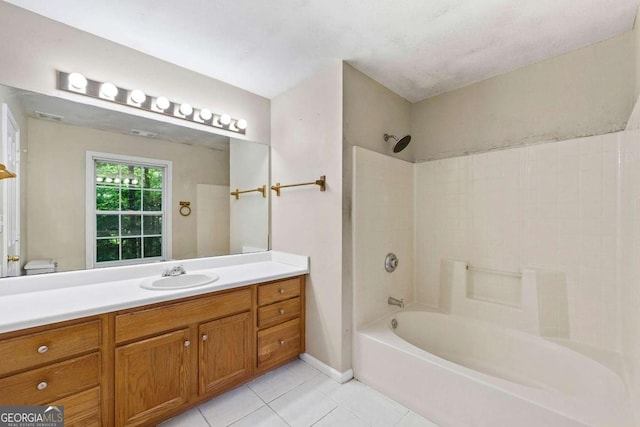 full bathroom with toilet, vanity, bathing tub / shower combination, and tile patterned floors