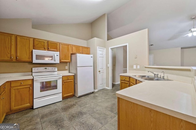 kitchen featuring white appliances, high vaulted ceiling, ceiling fan, and sink