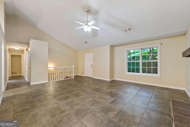 spare room featuring ceiling fan and high vaulted ceiling