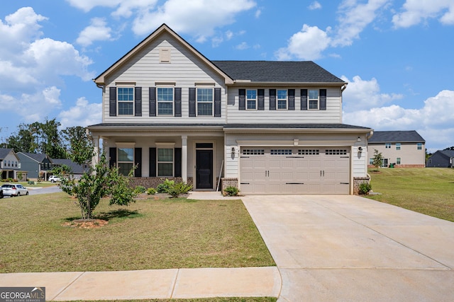 view of front of property with a front lawn and a garage