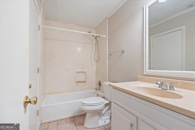 full bathroom with tile patterned flooring, crown molding, shower / tub combination, and a textured ceiling