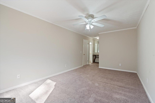 carpeted spare room with ceiling fan and ornamental molding