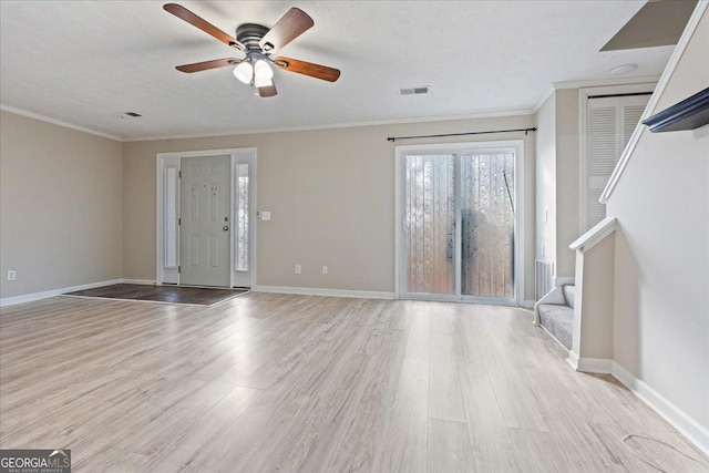 unfurnished living room featuring a textured ceiling, ceiling fan, crown molding, and light hardwood / wood-style flooring