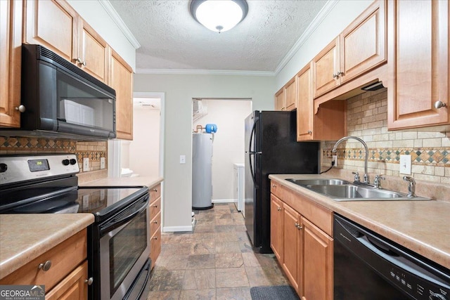 kitchen featuring black appliances, gas water heater, sink, ornamental molding, and a textured ceiling