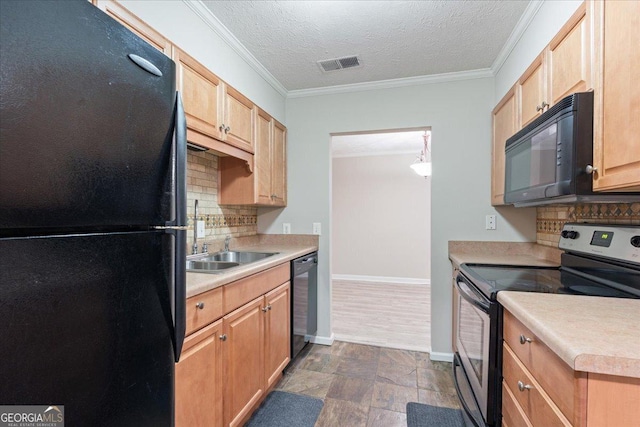 kitchen featuring light brown cabinetry, backsplash, a textured ceiling, crown molding, and black appliances