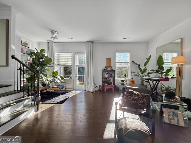 interior space with dark hardwood / wood-style flooring and ornamental molding